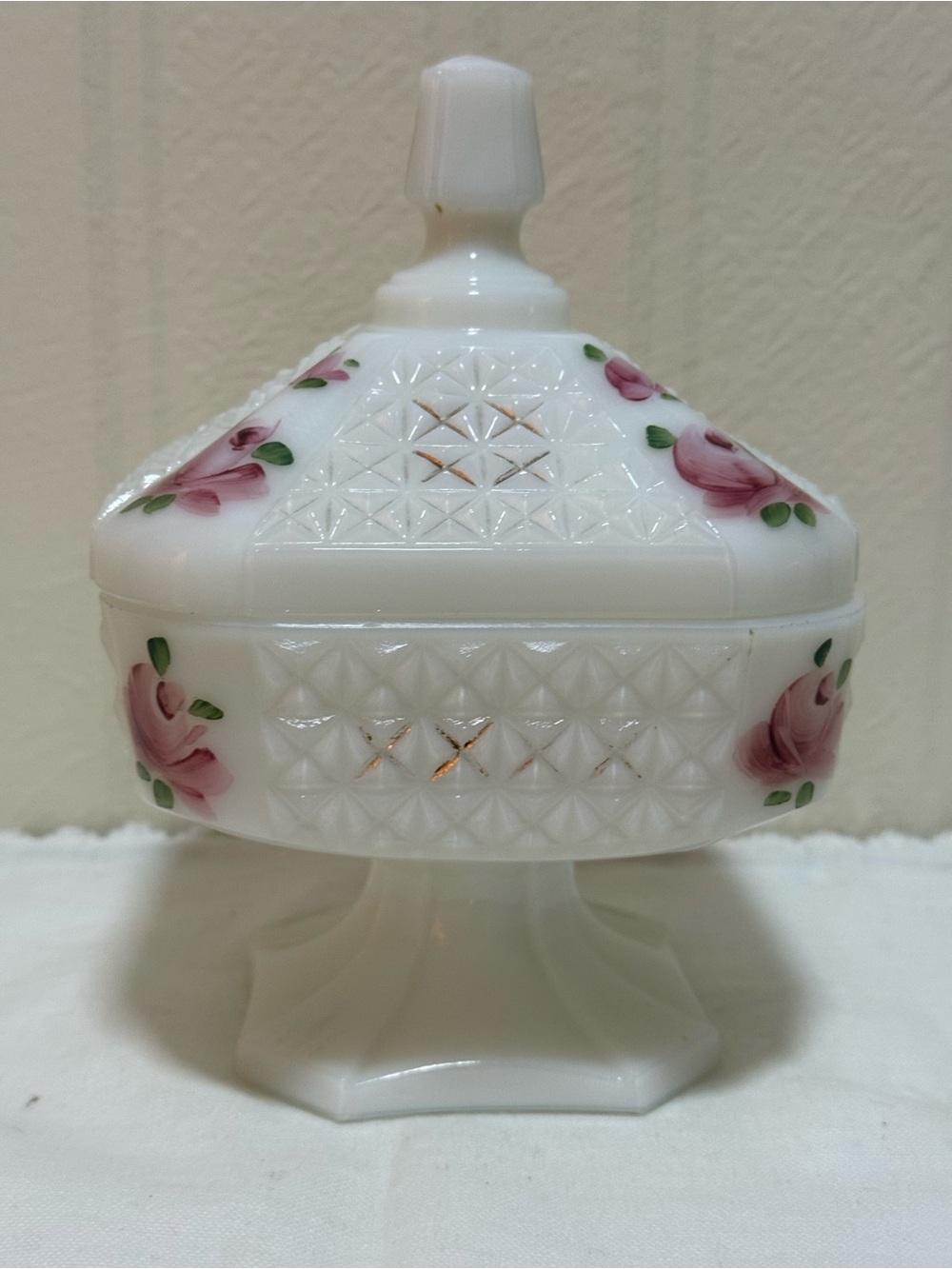 Vintage Hand Painted Quilted Milk Glass Square Pedestal Candy‎ Dish